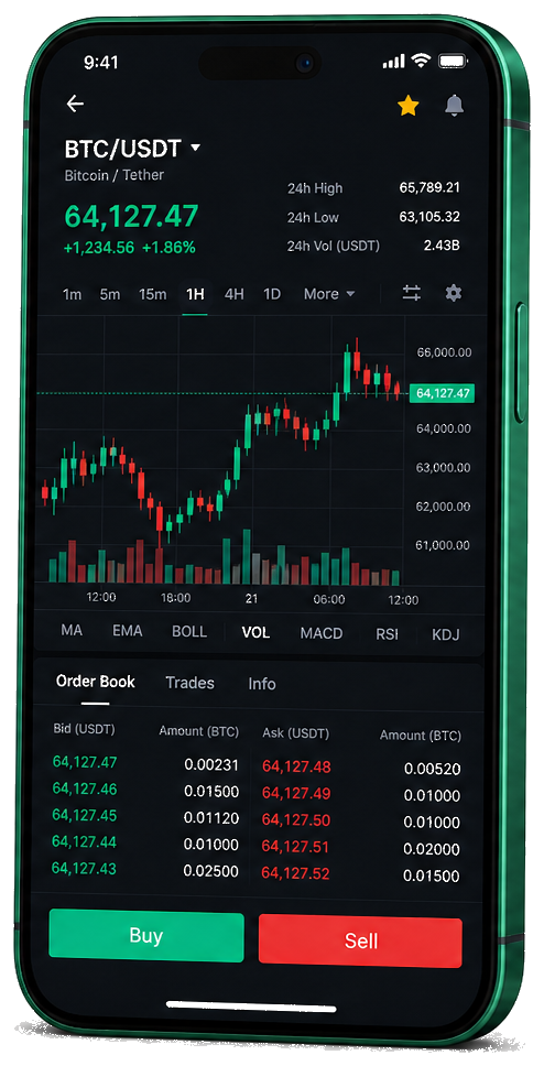 Application mobile Precis Bitdex — graphique BTC/USDT en direct, carnet d’ordres et outils de trading